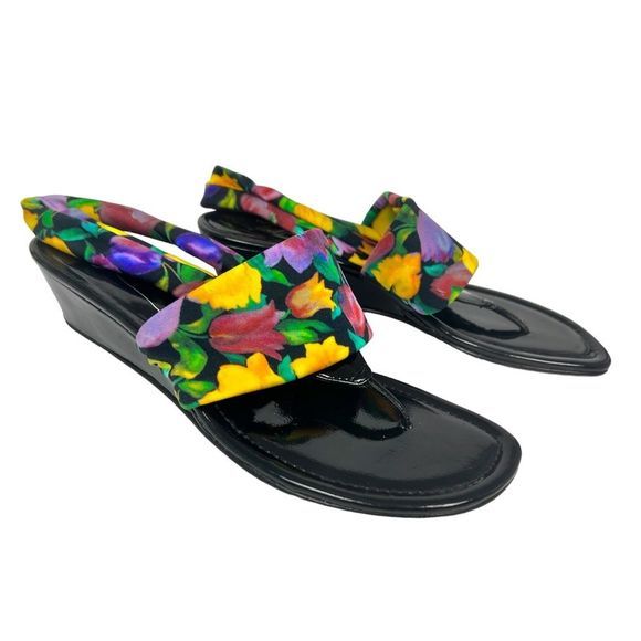 Donald J. Pliner Dasan Stretch Wedge Colorful Floral Tulip Print Sandals Size 9 - Picture 1 of 10